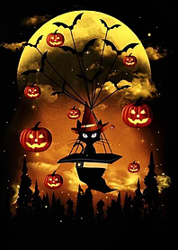 Halloween Cat Witch with Pumpkins and Bats