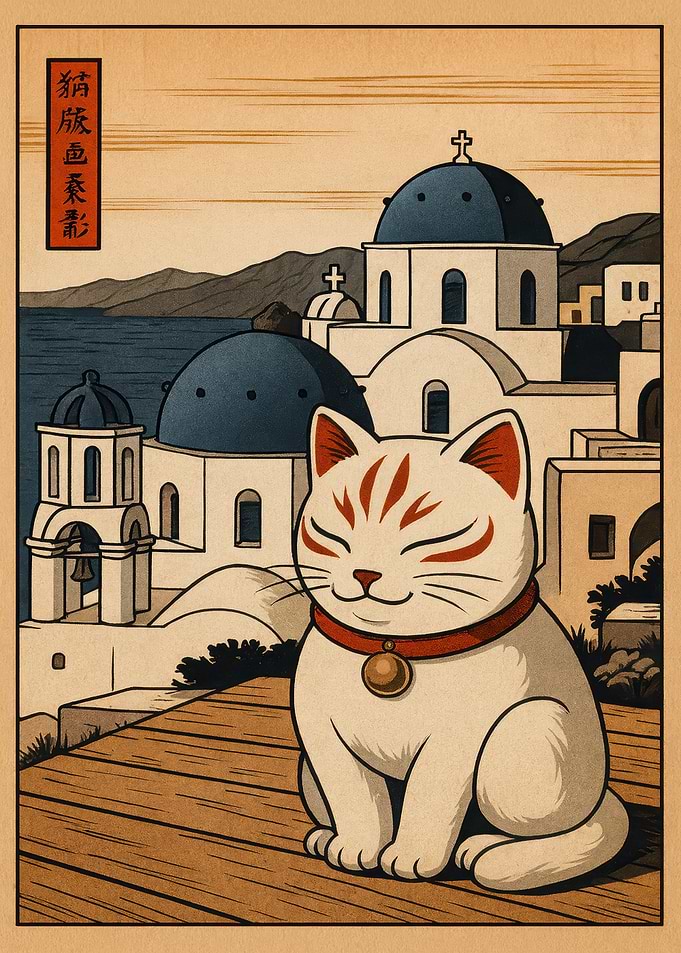 Ukiyo-e Cat in Santorini