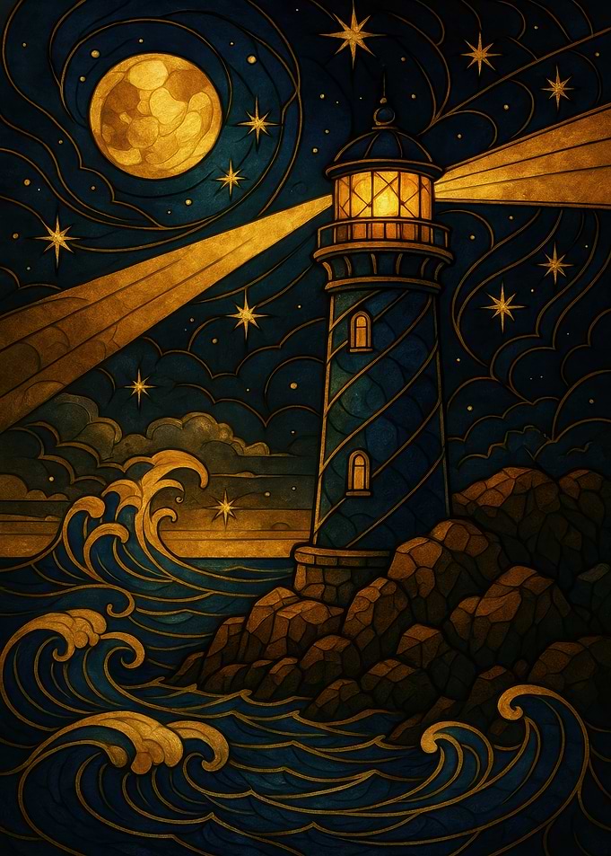 Lighthouse at Night with Moon and Stars