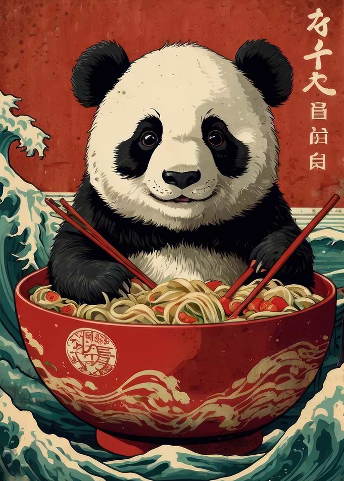 Panda eating ramen in Japanese style