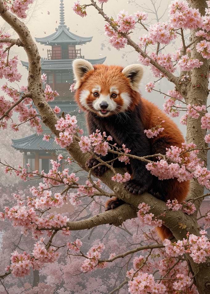 Red Panda in Cherry Blossom Tree