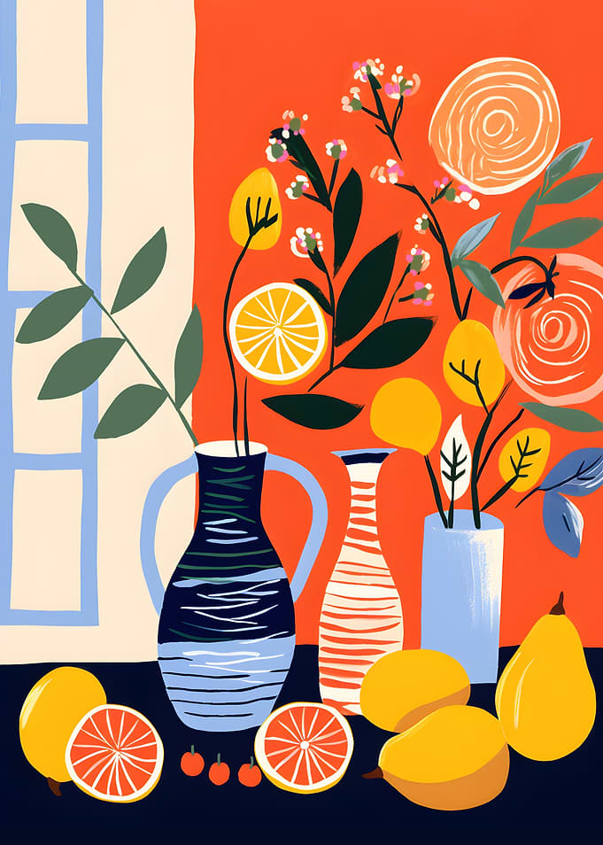 Vibrant Still Life with Fruit and Flowers