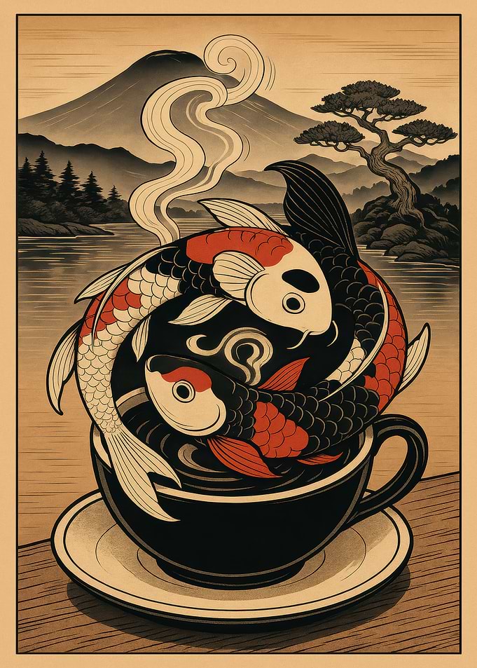 Koi Fish in Coffee Cup Art