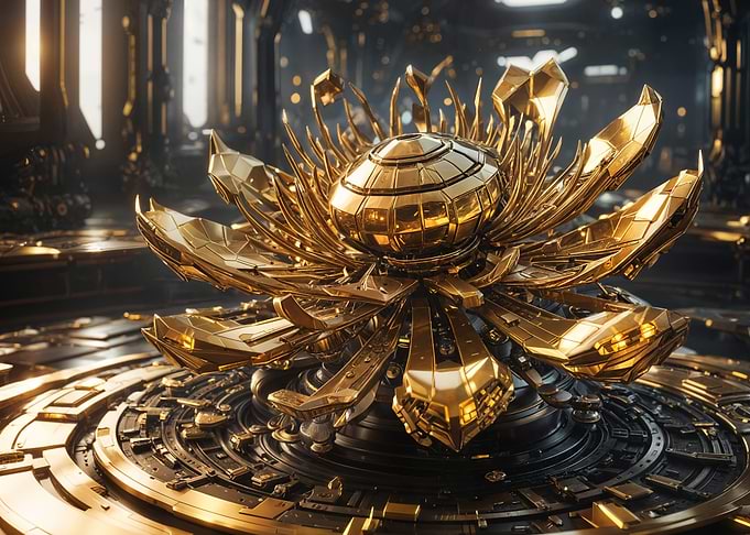 Golden Mechanical Lotus in Futuristic Setting