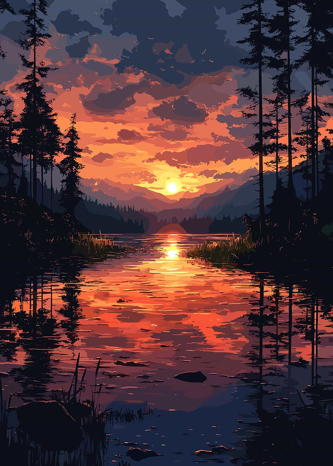Sunset over lake with forest