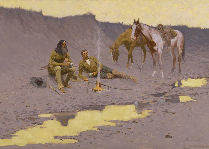 Western Campfire Scene with Horses