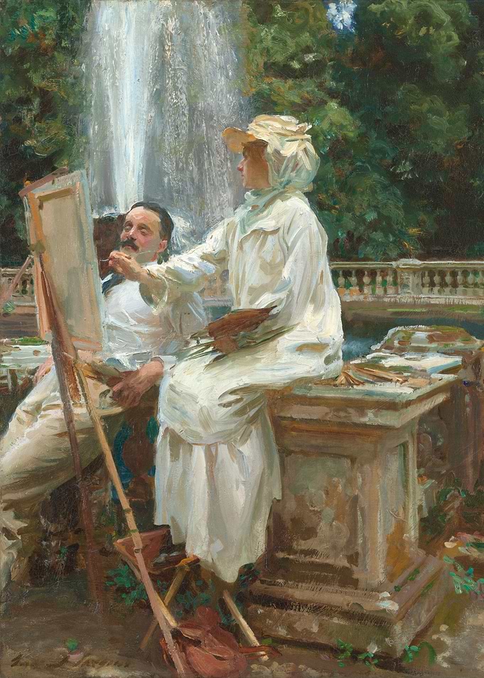 Artist Painting Outdoors with Model