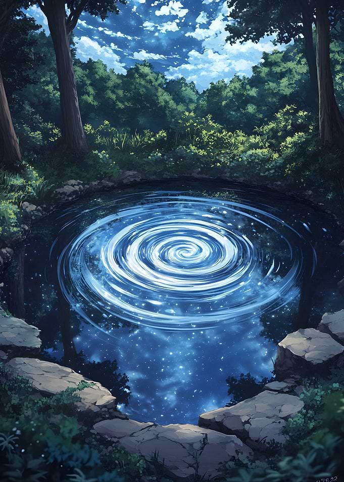 A swirling galaxy reflected in a quiet pond. 1