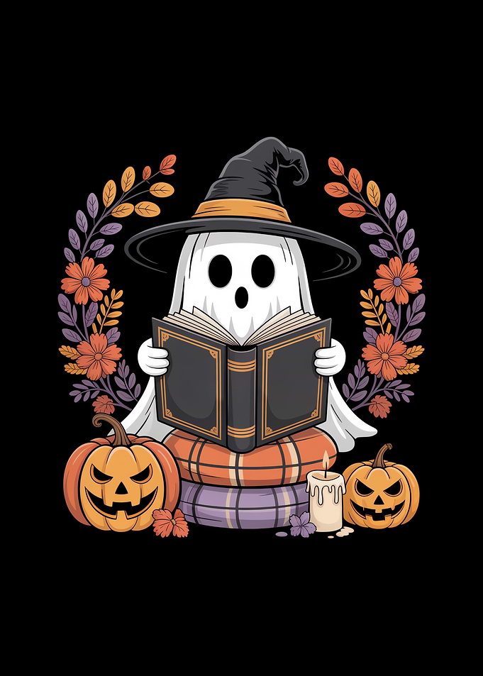 Halloween Ghost Reading Book Illustration