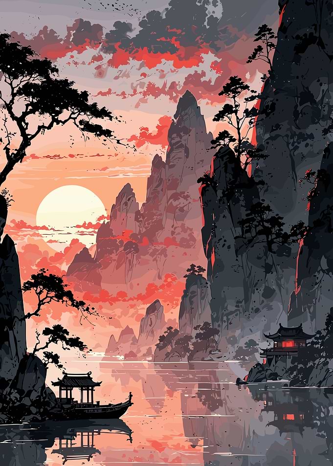 Asian Landscape with Mountains and Water