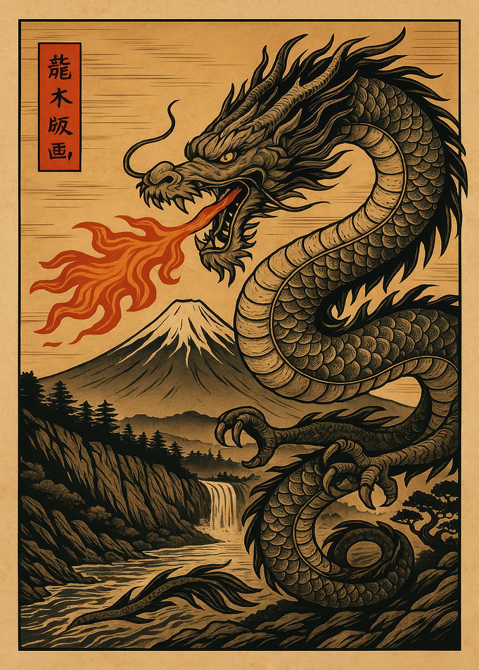 Dragon with Mount Fuji and Waterfall