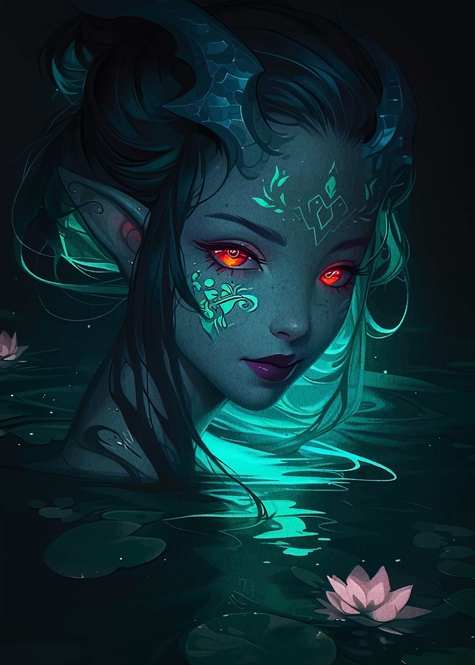 Mystical Water Nymph with Glowing Eyes
