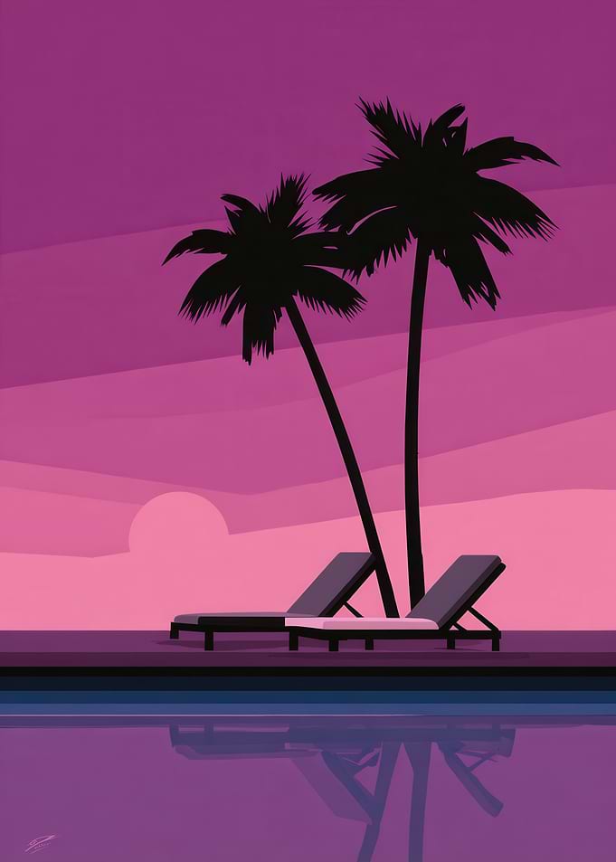 Tropical Sunset with Palm Trees and Pool