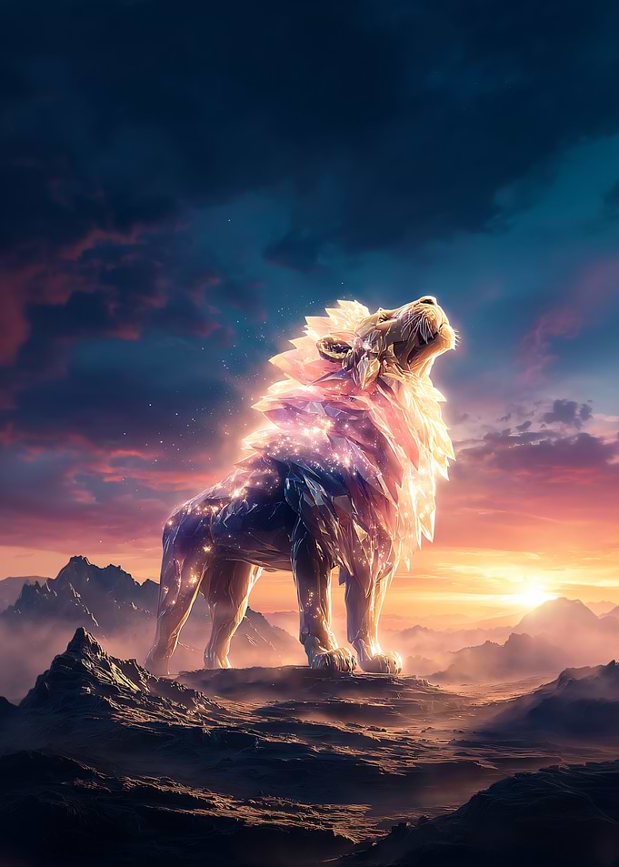 Crystal Lion Roaring at Sunset