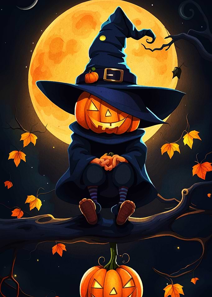 Halloween Pumpkin Character on Branch
