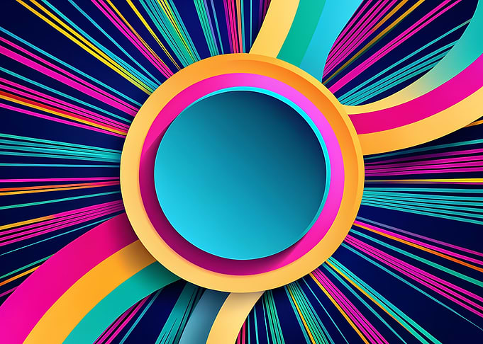 Neon Paper-Cut Halo with Teal Orb and Radiating Color Ribbons