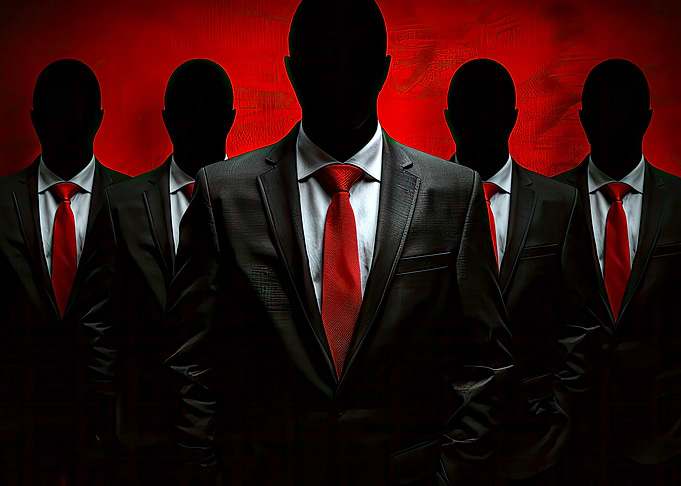 Silhouetted figures in suits and ties