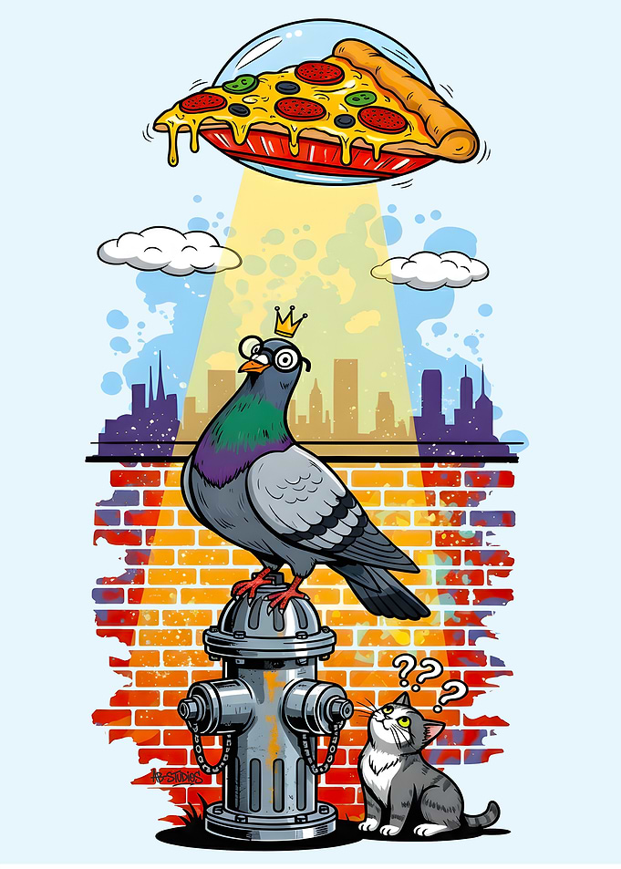 Pizza UFO with Pigeon and Cat