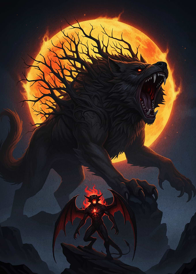 Werewolf and Demon Under Fiery Moon
