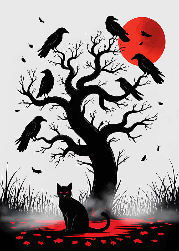 Black Cat, Ravens, and Red Moon