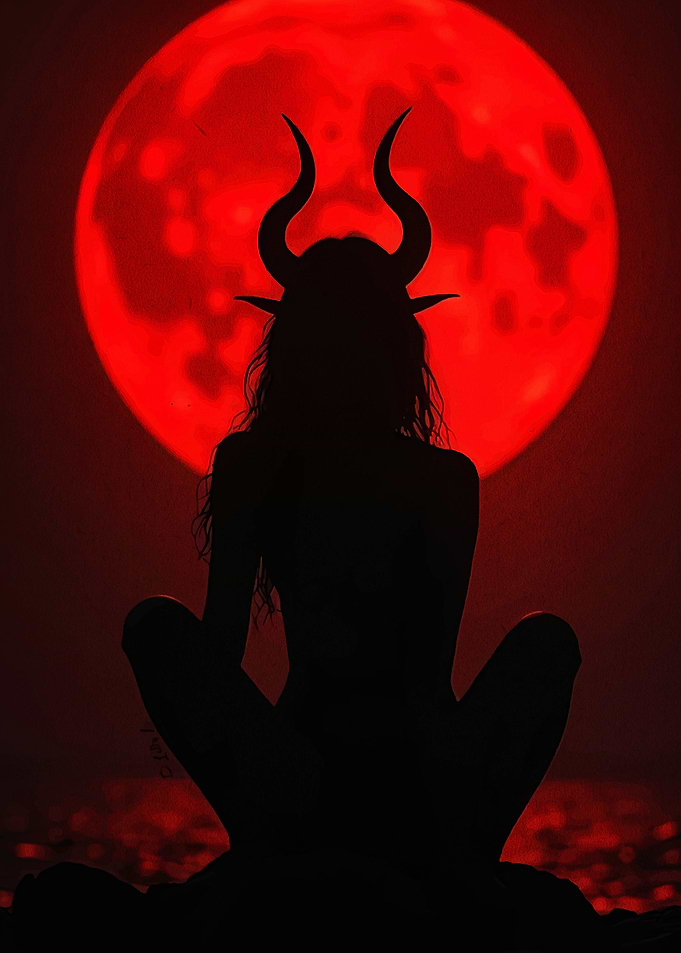 Silhouette of horned figure under red moon