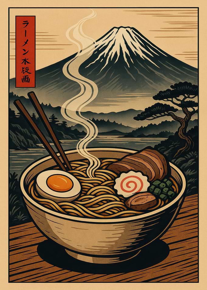 Ramen Bowl with Mount Fuji Backdrop