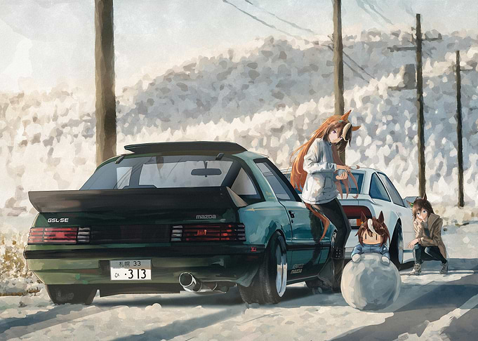 Anime Characters with Mazda RX-7 in Snow