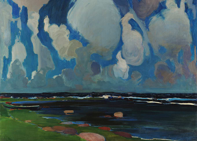 Seascape Painting with Clouds and Shore