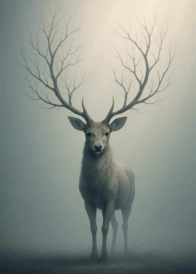 Deer with Tree Antlers in Fog
