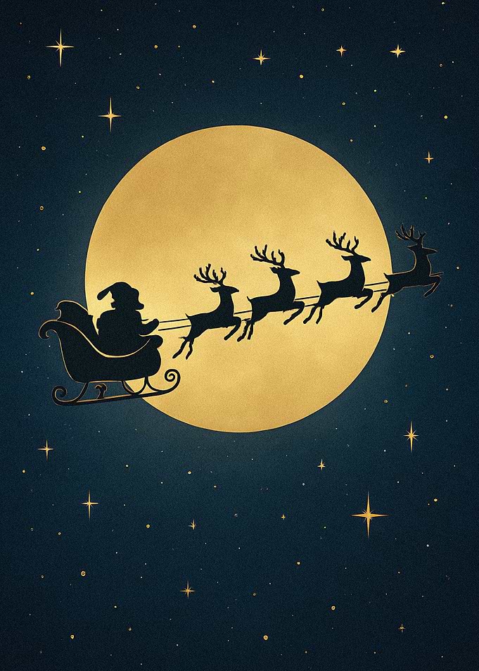 Santa's Sleigh Silhouette Against Full Moon