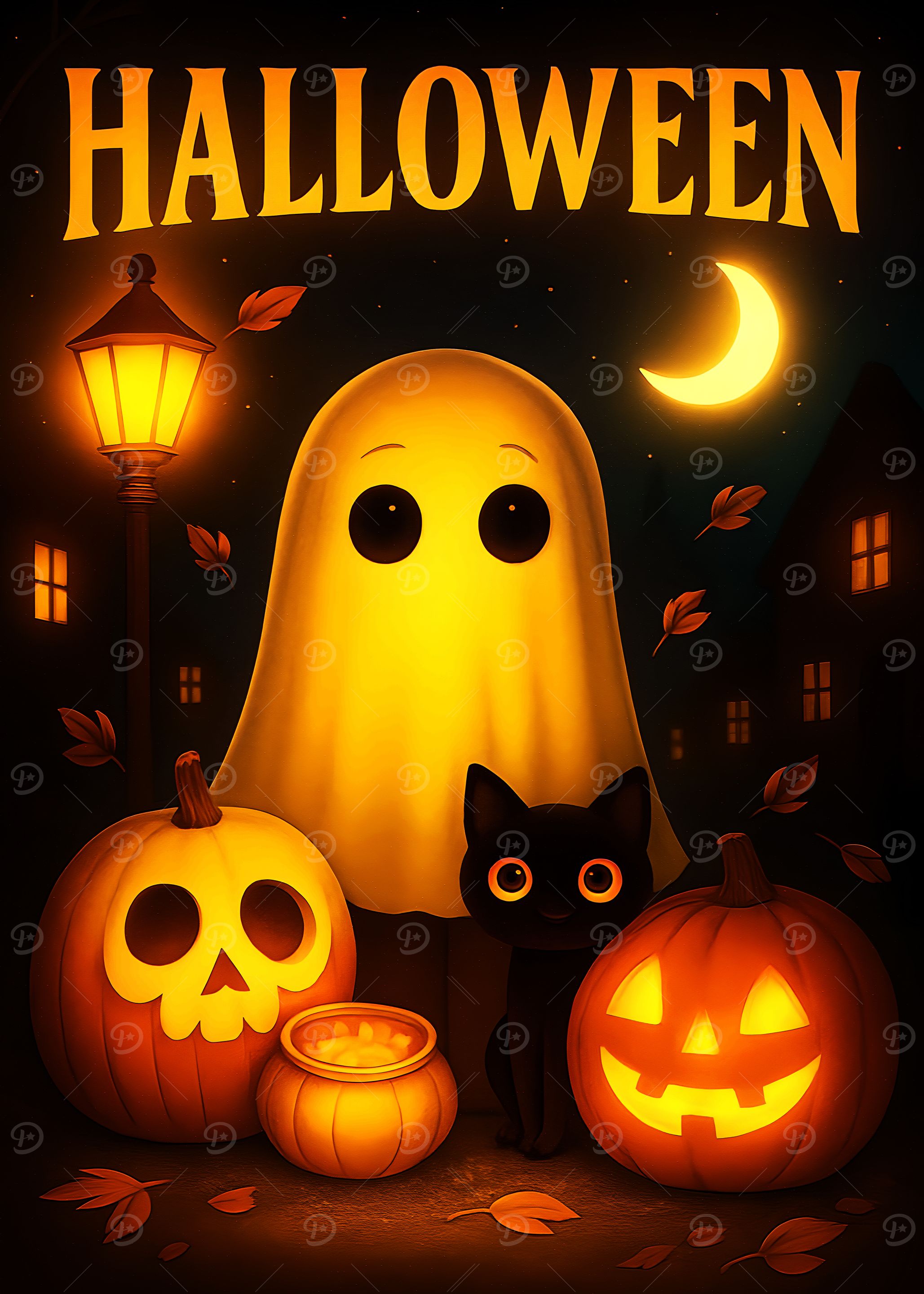 Halloween Night Scene with Ghost and Cat