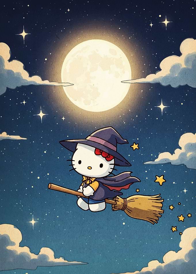 Hello Kitty Witch Flying on Broom