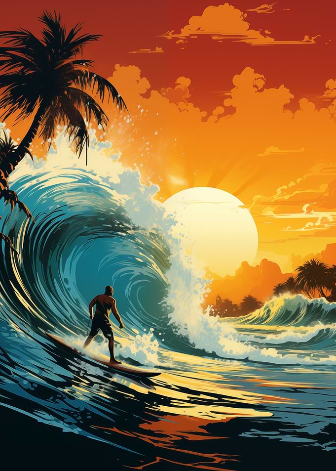 Surfer Riding Wave at Sunset