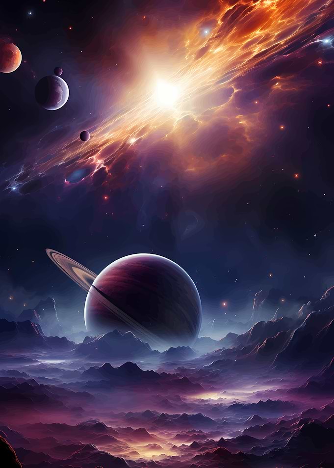 Cosmic Landscape with Planets and Nebula