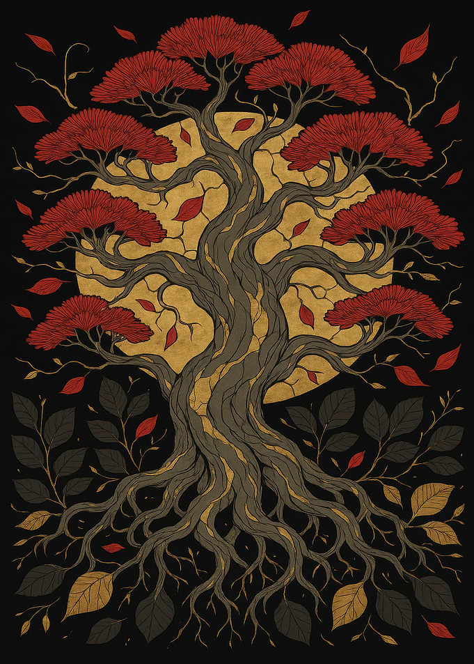 Stylized Tree with Red Leaves