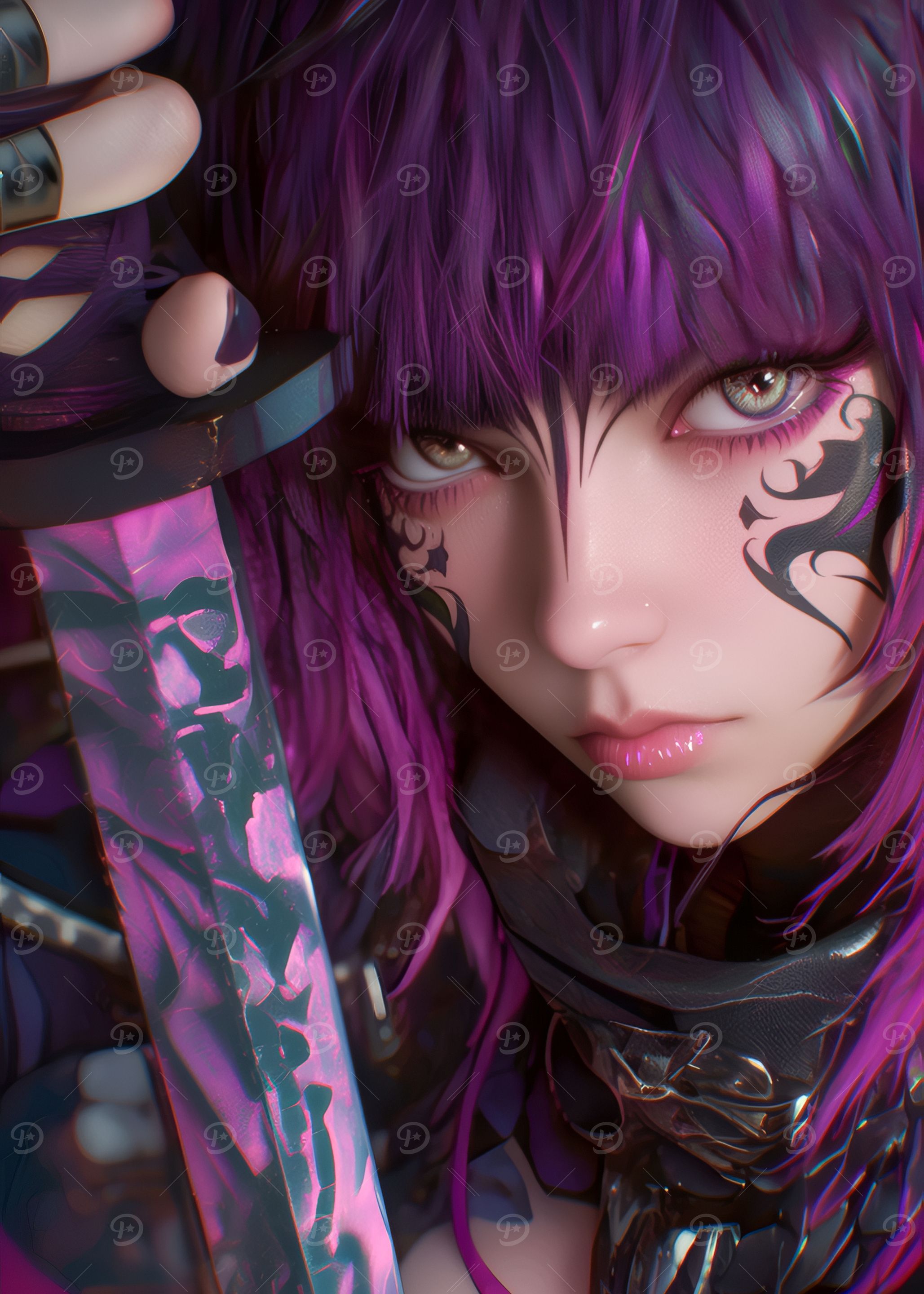 Purple-haired warrior with sword