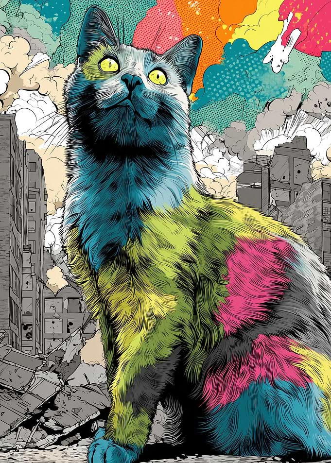Giant Cat in Destroyed Cityscape