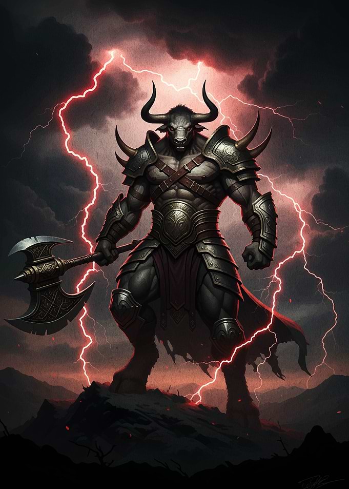 Armored Minotaur with Axe in Storm