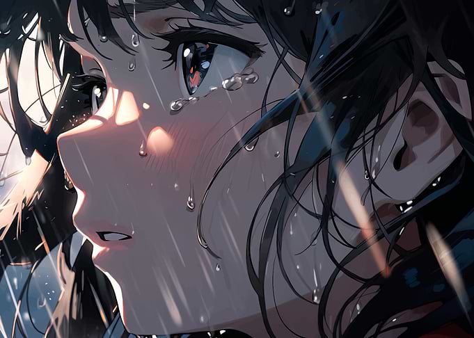 Crying Anime Girl with Water Droplets