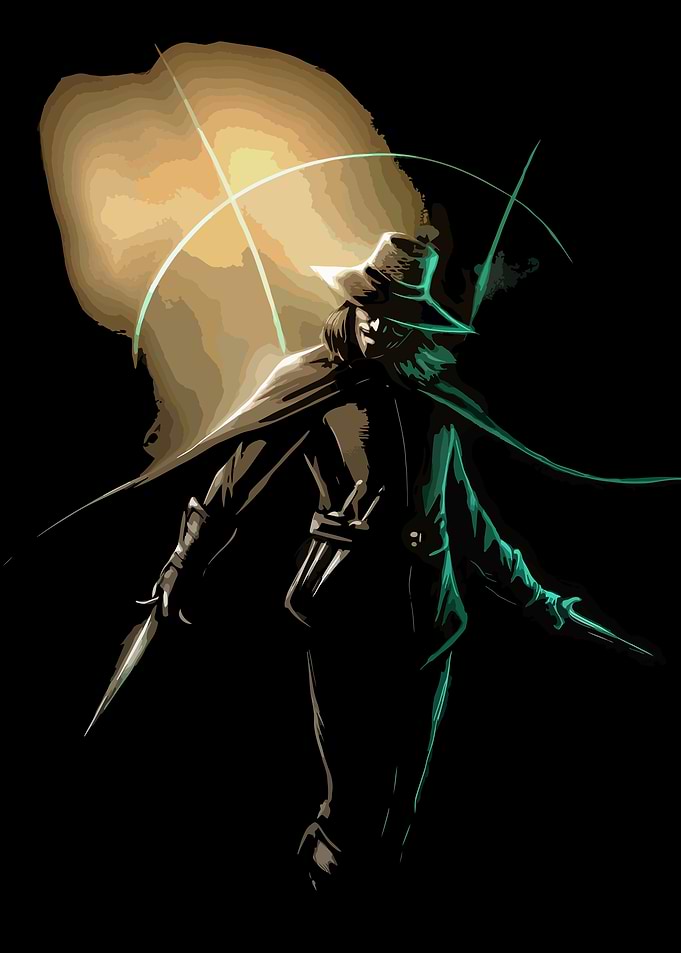 Mysterious Figure with Daggers in Darkness