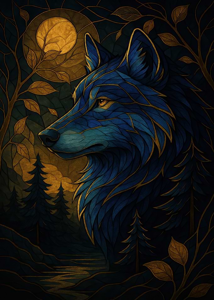 Blue Wolf in Forest Under Moonlight