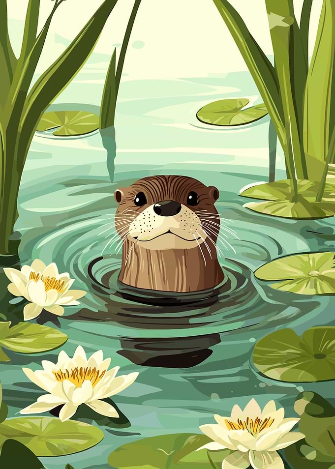 Cute Otter in Water Lily Pond