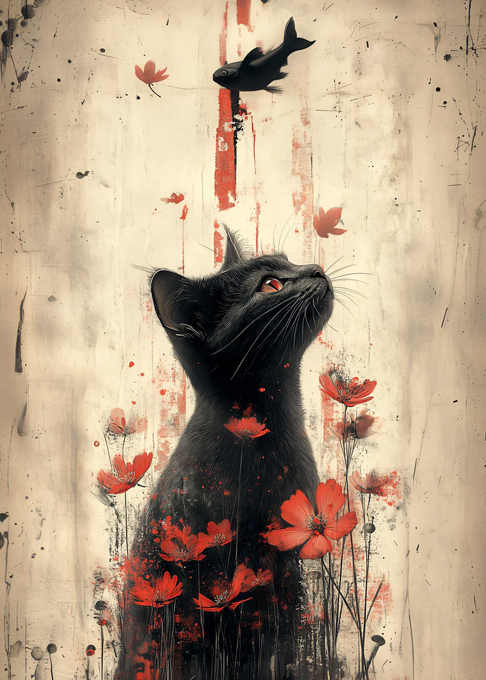 Black Cat Gazing at Fish Art