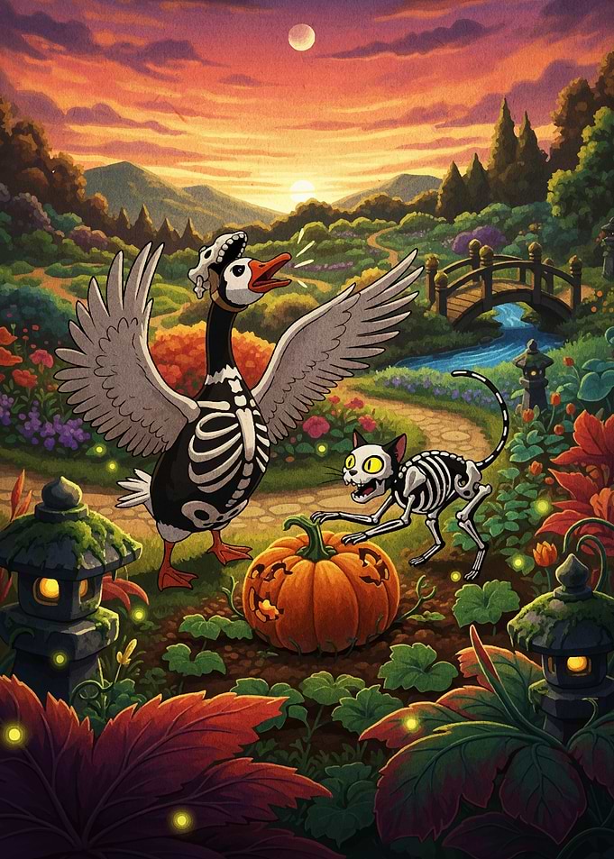 Halloween Goose and Cat with Pumpkin