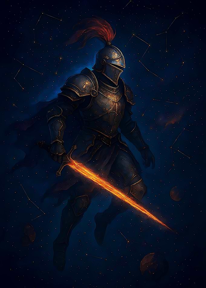 Knight with Fiery Sword in Space