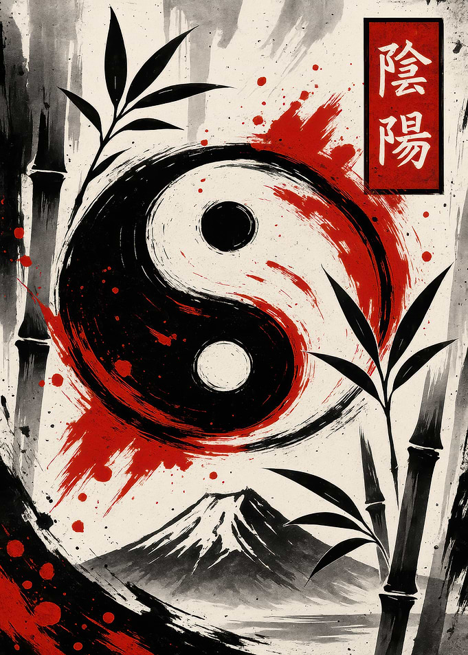 Yin Yang Symbol with Bamboo and Mountain