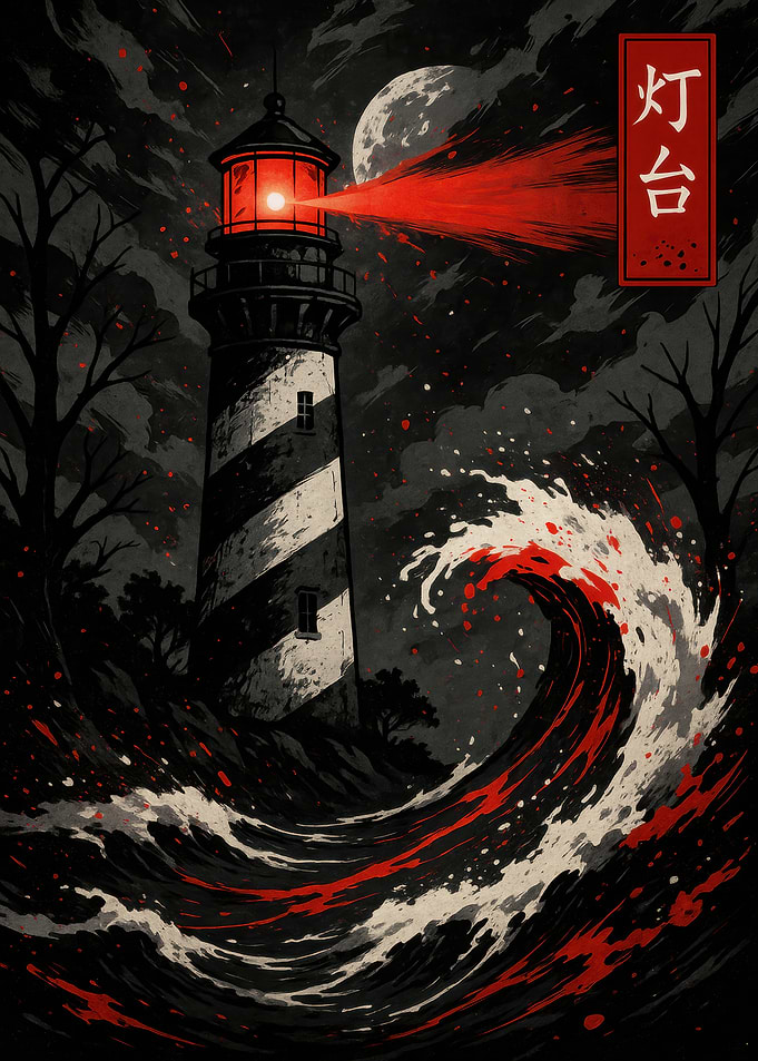 Lighthouse and Wave with Japanese Text