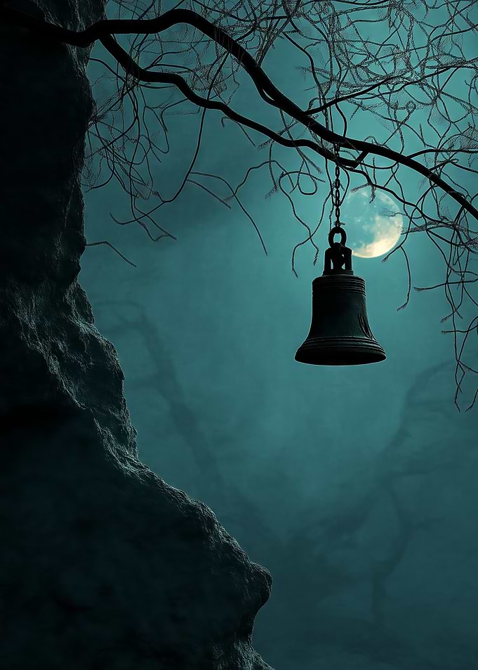 An ancient bell hanging from a tree branch at night