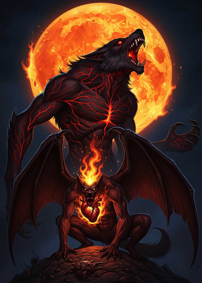 Fiery Werewolf and Gargoyle Illustration