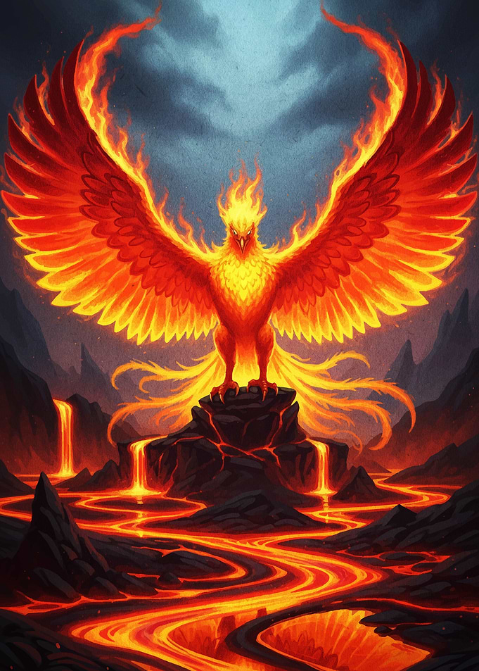 Fiery Phoenix Rising from Lava